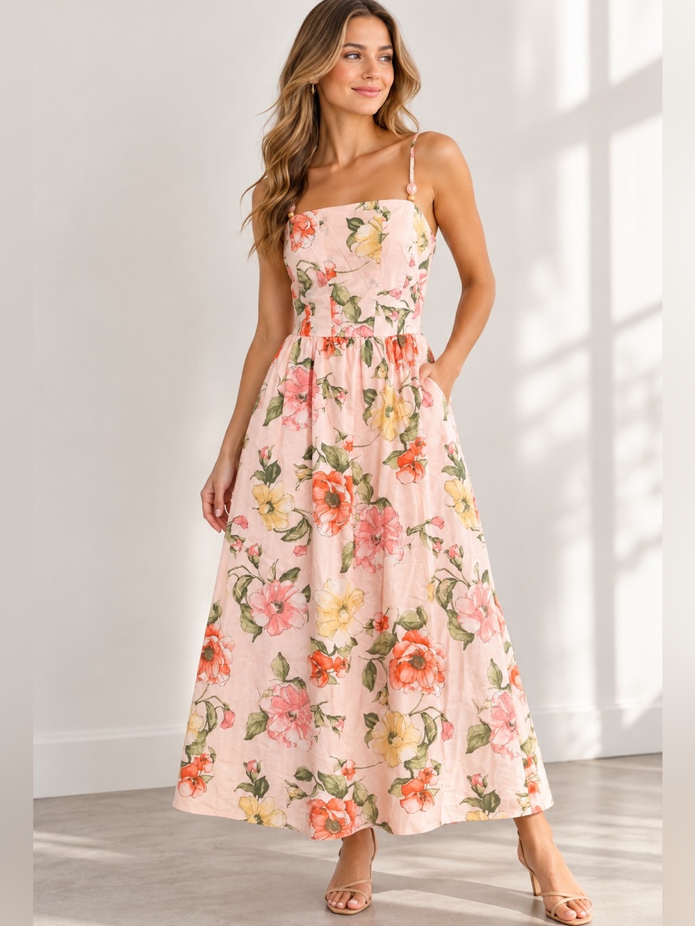Calypso St Barth Women's Floral Dress Pink Yellow Green Size M Maxi Cocktail